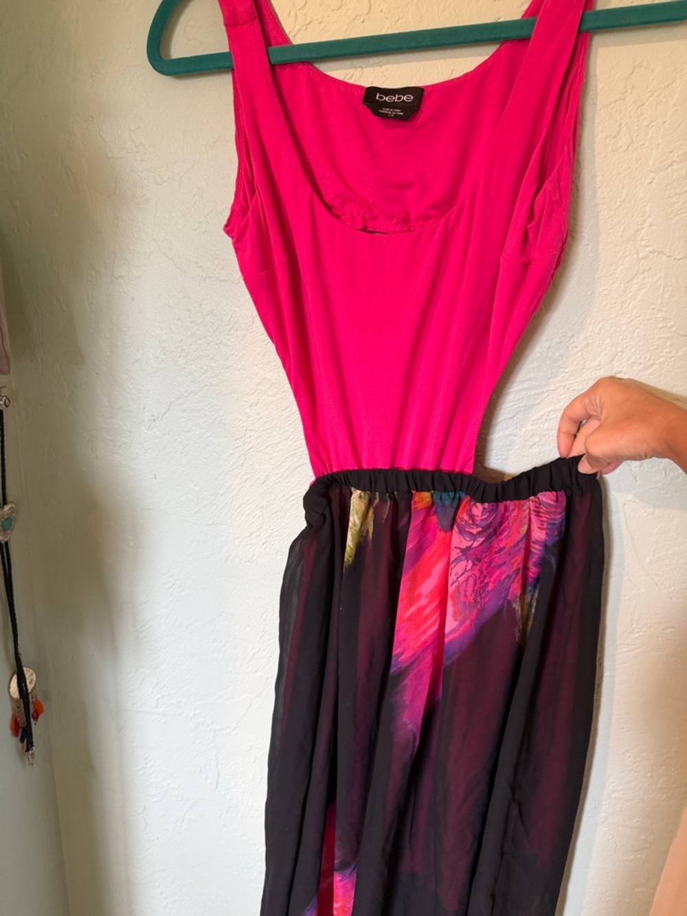 bebe Hot Pink Tank with Black Floral-Panel Maxi